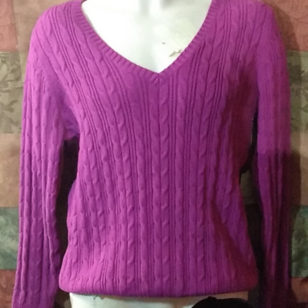 Women's V-Neck Cable Knit Sweater Purplish- Pink, NWT - Picture 2 of 5